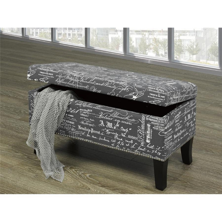 IFDC - Banc Rembourré avec Rangement, 32" x16" x18", Tissus Gris Motif Écriture - Simple Boutique