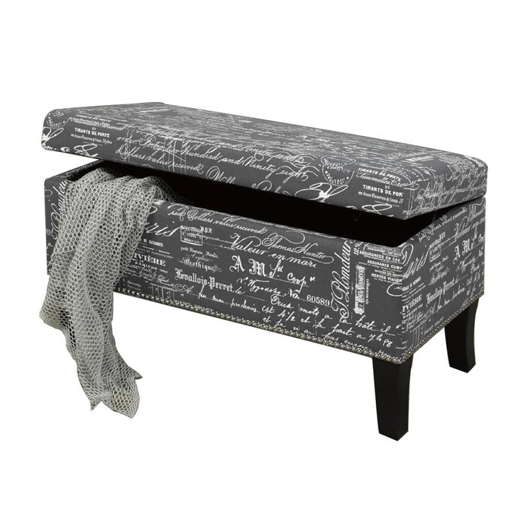 IFDC - Banc Rembourré avec Rangement, 32" x16" x18", Tissus Gris Motif Écriture - Simple Boutique