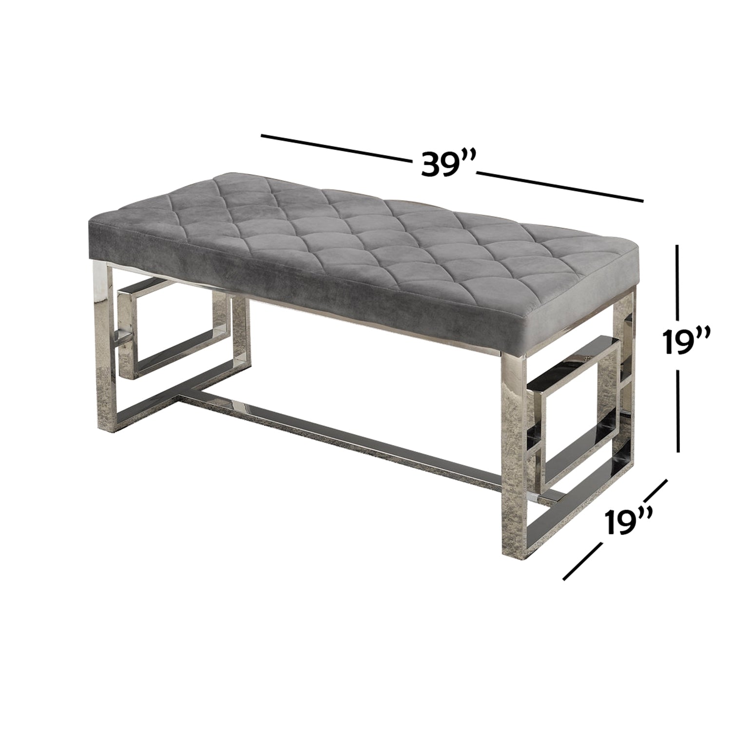 IFDC - Banc avec Assise Rembourrée et Pied Chromé, 39''x19''x19'', Velour Gris - Simple Boutique
