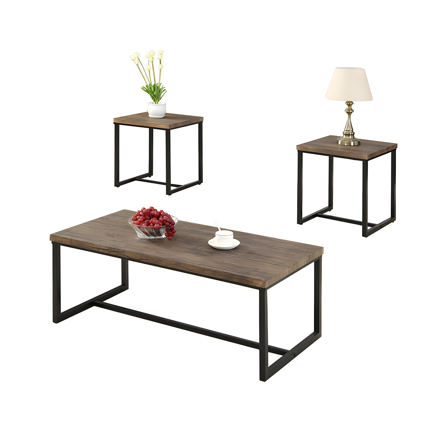 IFDC - Ensemble de 1 Table à Café et 2 Table d'appoint avec Dessus en Bois et Base en Métal, Marron - Simple Boutique
