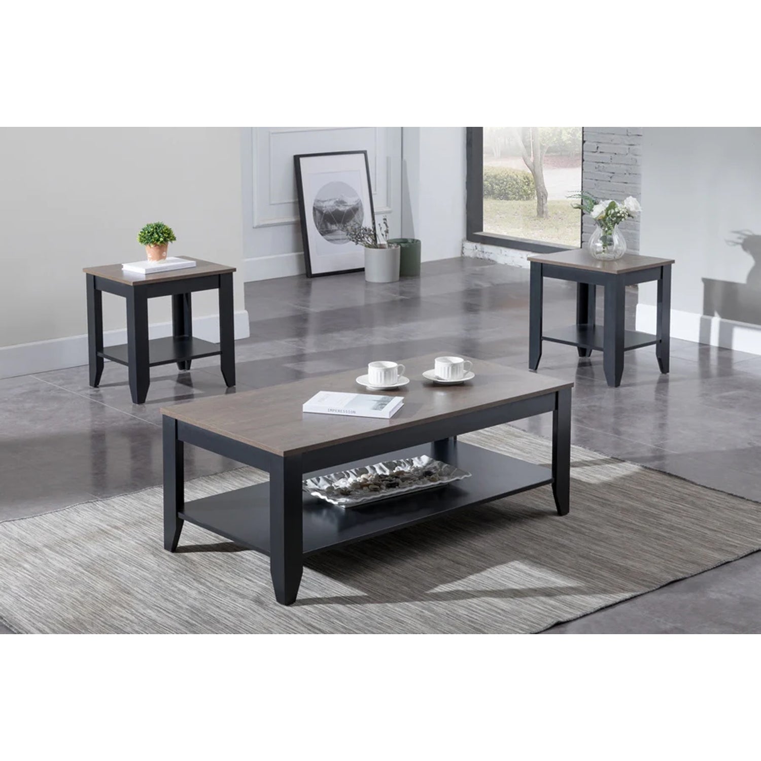 IFDC - Ensemble de 1 Table à Café et 2 Table d'appoint avec Dessus en Bois et Base en Métal Noir - Simple Boutique