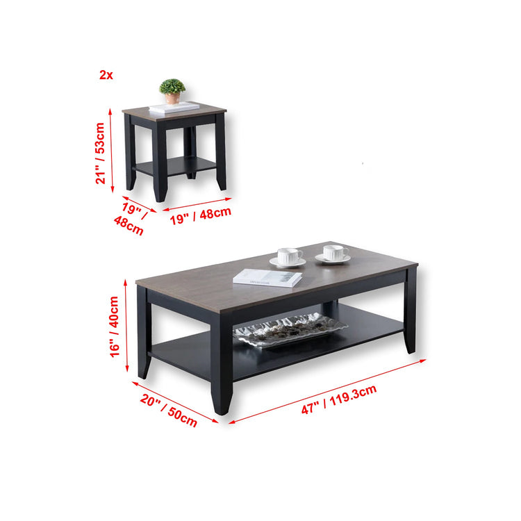 IFDC - Ensemble de 1 Table à Café et 2 Table d'appoint avec Dessus en Bois et Base en Métal Noir - Simple Boutique