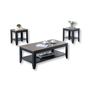 IFDC - Ensemble de 1 Table à Café et 2 Table d'appoint avec Dessus en Bois et Base en Métal Noir - Simple Boutique