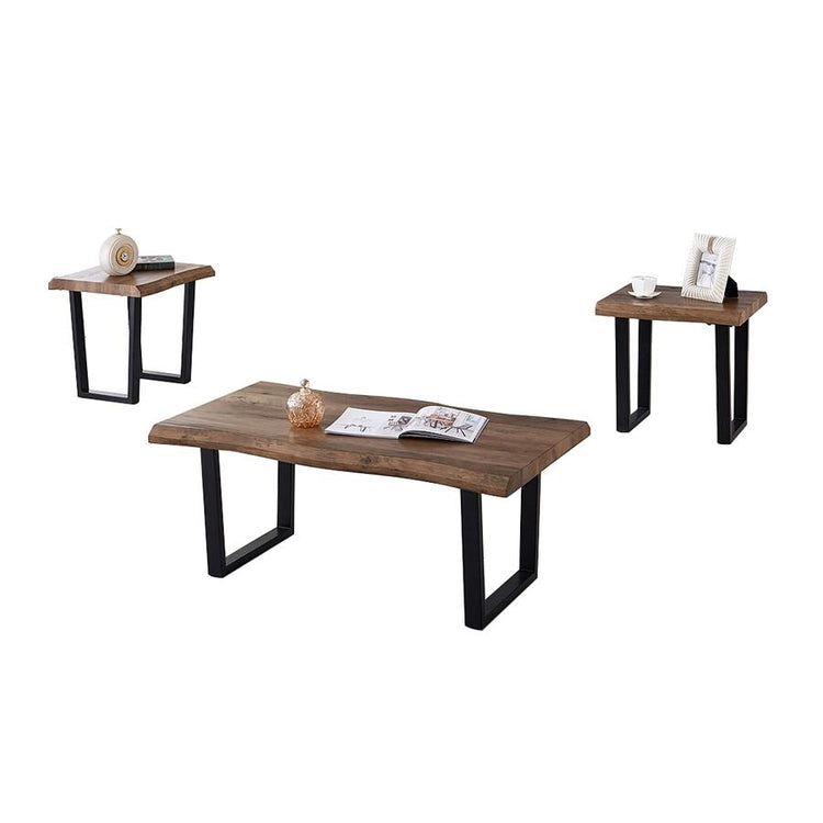 IFDC - Ensemble de 1 Table à Café et 2 Tables d'appoints, Pieds en Métal, Motif Bois Marron - Simple Boutique