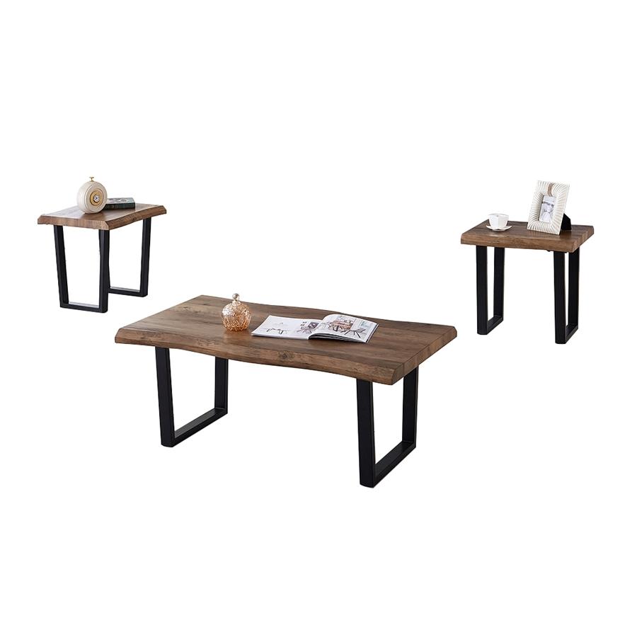 IFDC - Ensemble de 1 Table à Café et 2 Tables d'appoints, Pieds en Métal, Motif Bois Marron - Simple Boutique