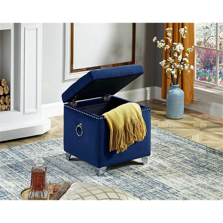 IFDC - Ottomane / Repose-Pied Cubique avec Rangement avec Pieds Chromés,16" x 16" x 19" Velour Bleu - Simple Boutique
