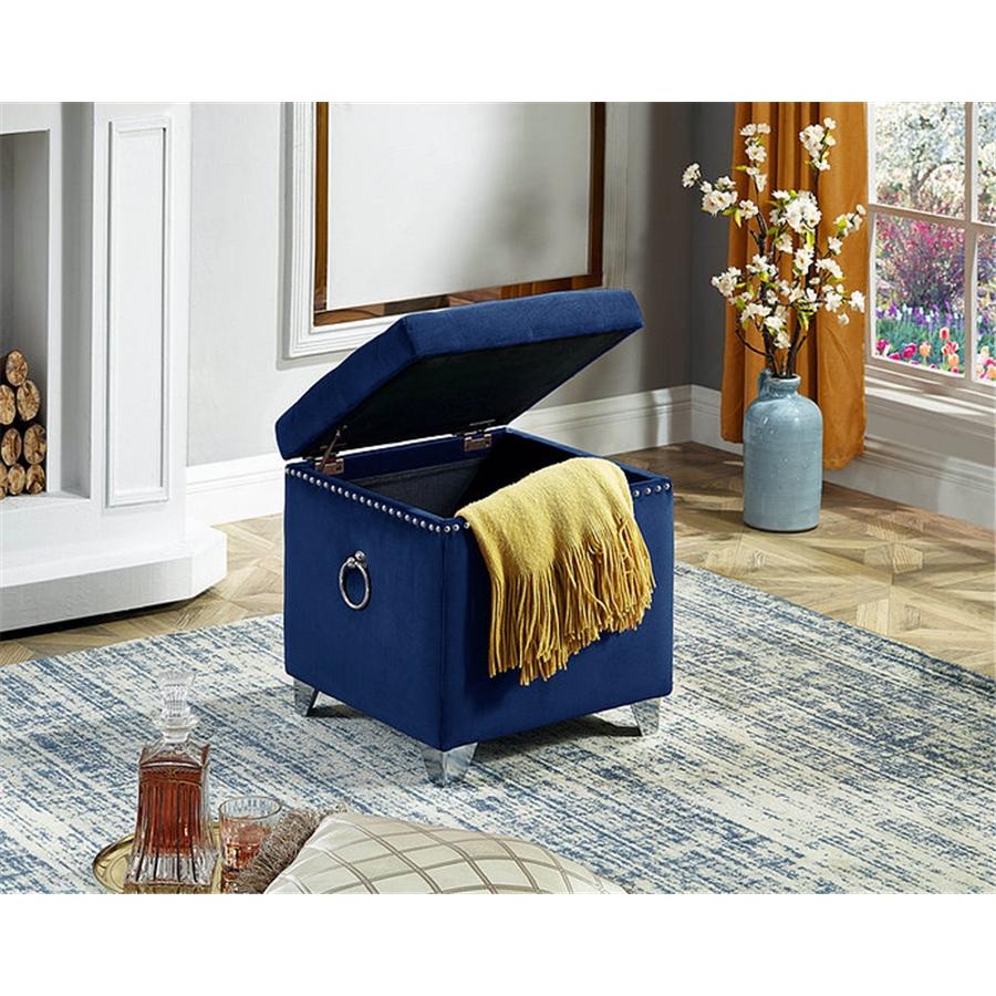 IFDC - Ottomane / Repose-Pied Cubique avec Rangement avec Pieds Chromés,16" x 16" x 19" Velour Bleu - Simple Boutique