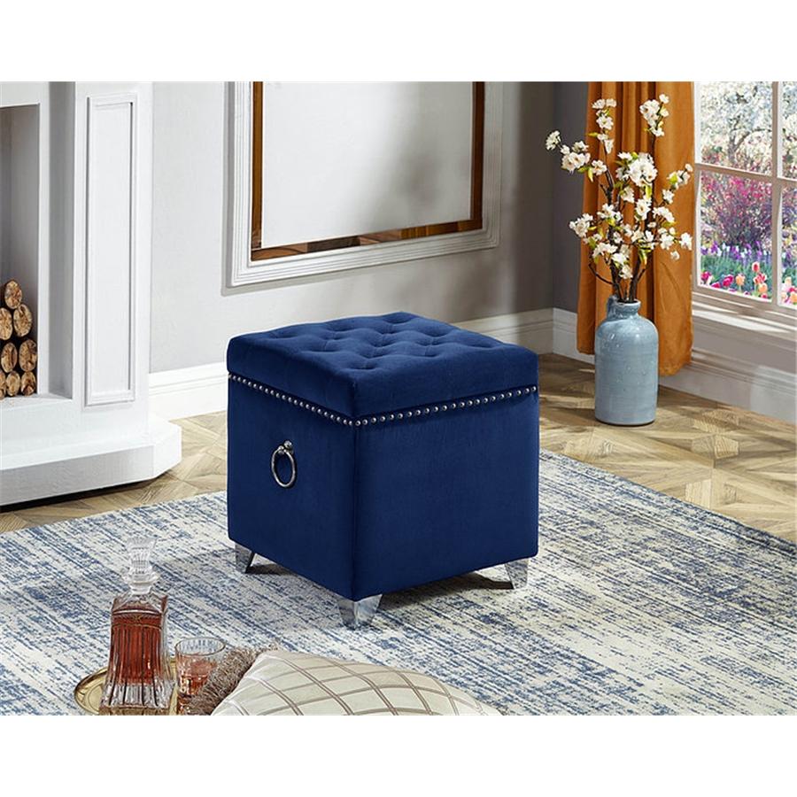 IFDC - Ottomane / Repose-Pied Cubique avec Rangement avec Pieds Chromés,16" x 16" x 19" Velour Bleu - Simple Boutique