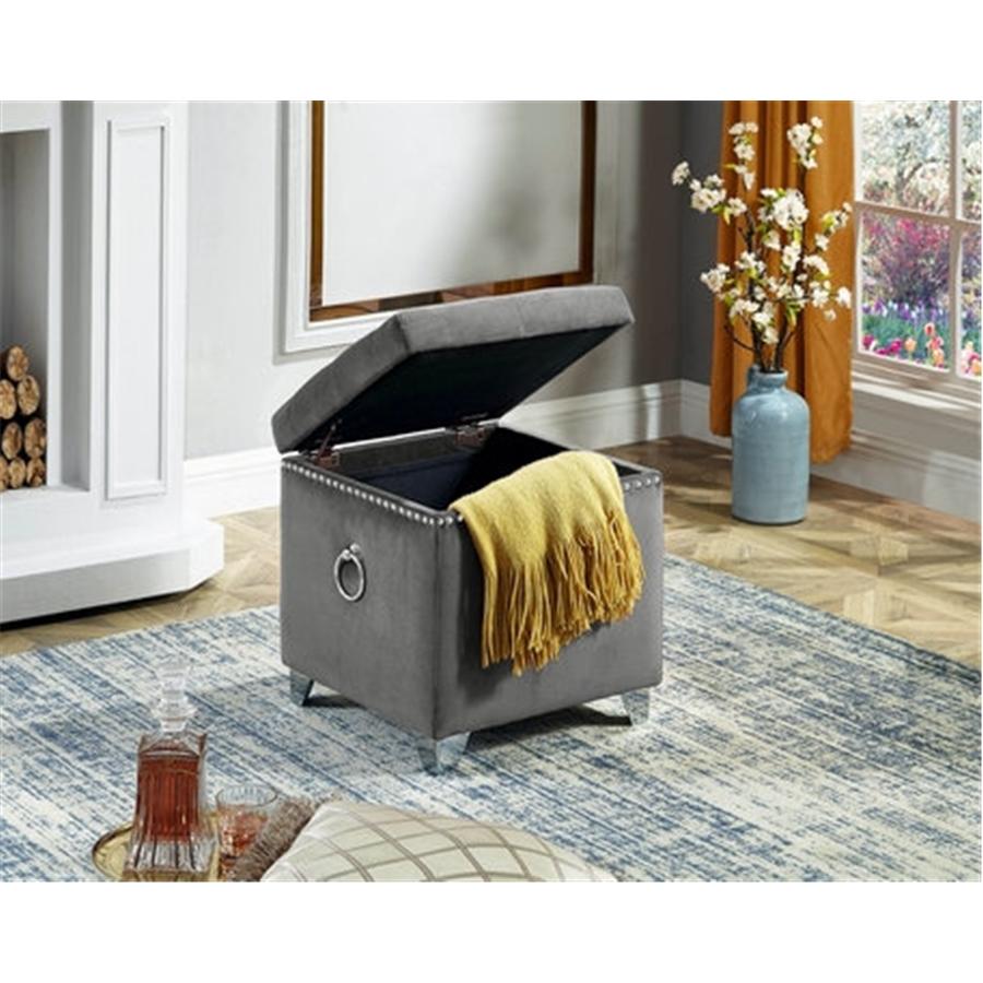 IFDC - Ottomane / Repose-Pied Cubique avec Rangement avec Pieds Chromés,16'' x 16'' x 19'' Velour Gris - Simple Boutique