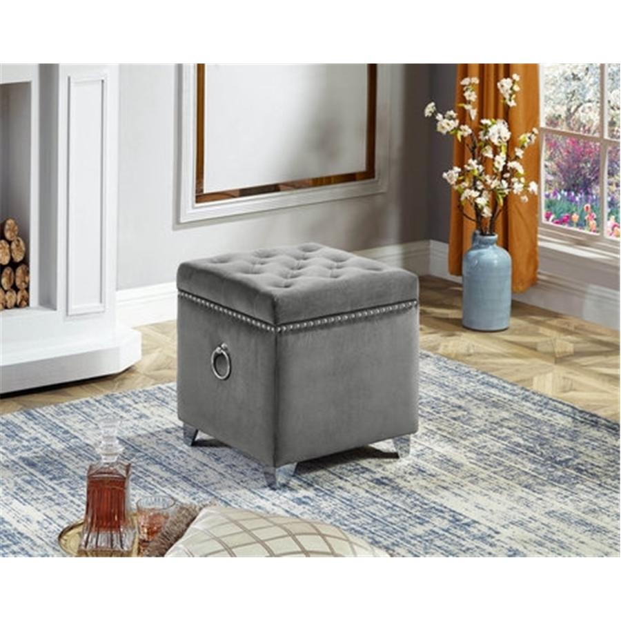 IFDC - Ottomane / Repose-Pied Cubique avec Rangement avec Pieds Chromés,16'' x 16'' x 19'' Velour Gris - Simple Boutique