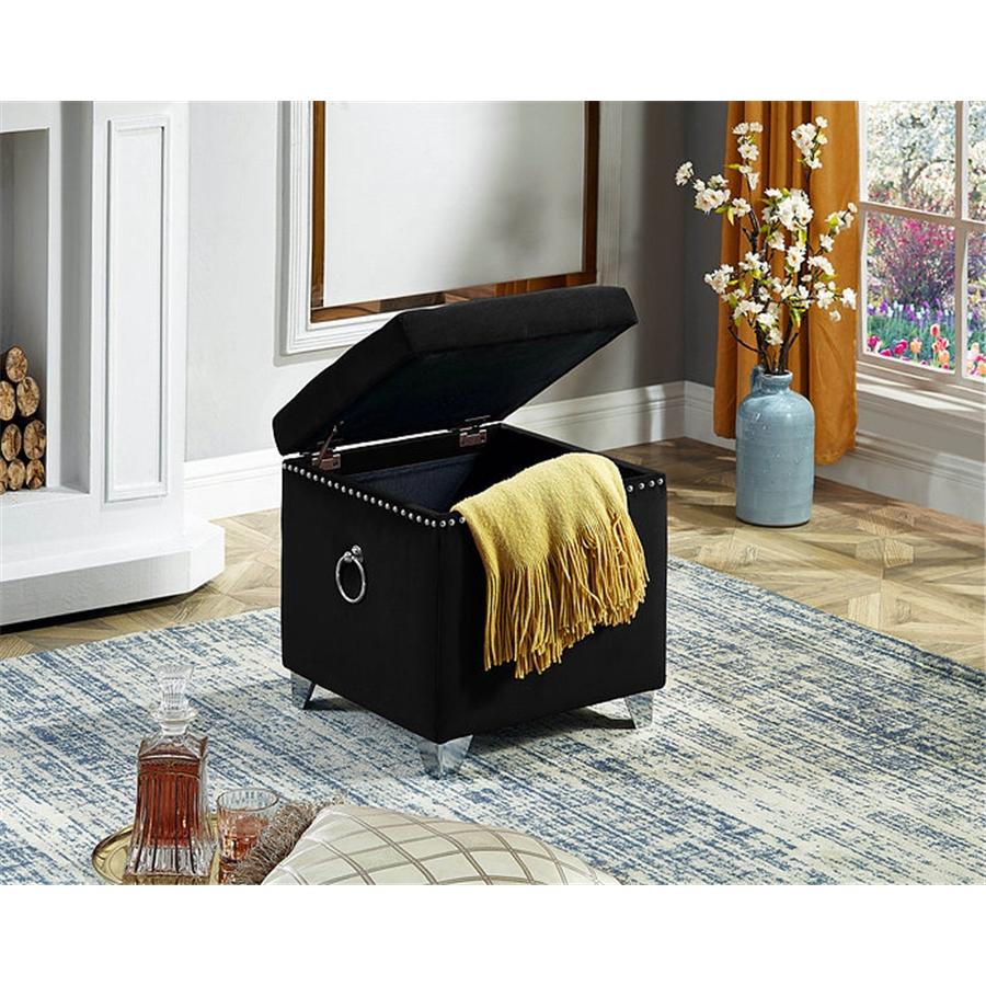 IFDC - Ottomane / Repose-Pied Cubique avec Rangement avec Pieds Chromés,16" x 16" x 19" Velour Noir - Simple Boutique