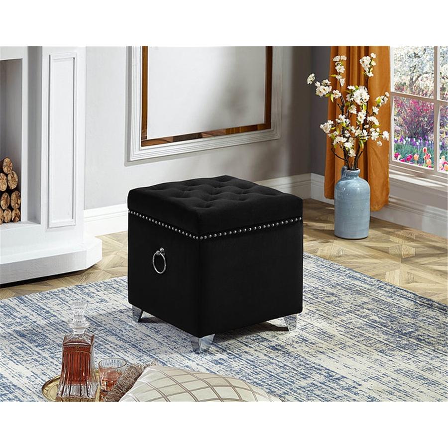 IFDC - Ottomane / Repose-Pied Cubique avec Rangement avec Pieds Chromés,16" x 16" x 19" Velour Noir - Simple Boutique