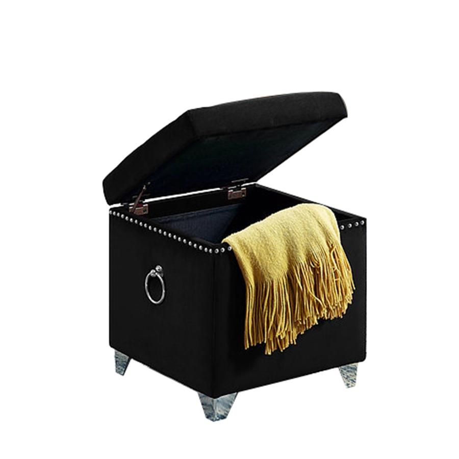 IFDC - Ottomane / Repose-Pied Cubique avec Rangement avec Pieds Chromés,16" x 16" x 19" Velour Noir - Simple Boutique