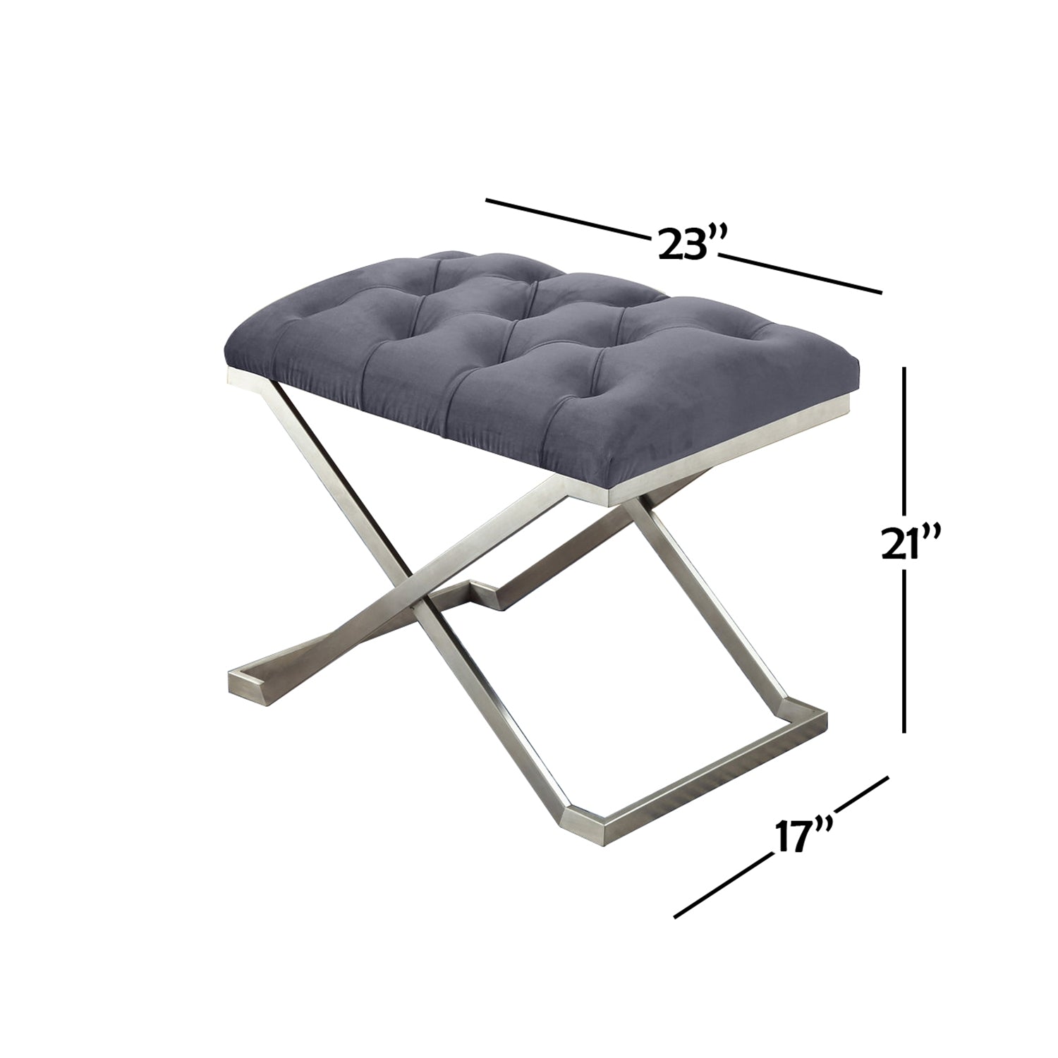 IFDC - Ottomane avec Pied en Acier Inoxydable et Assise Rembourrée, 23''x17''x21'', Velour Gris - Simple Boutique