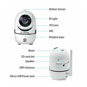 IP-Buddy 90869 Caméra IP avec Suivi de Mouvement, Wi-Fi, Carte SD, Infrarouge, 2 MP, 1080P, Stockage en Ligne, Rotation 355 Degrée, pour l'intérieur, Blanc - Simple Boutique