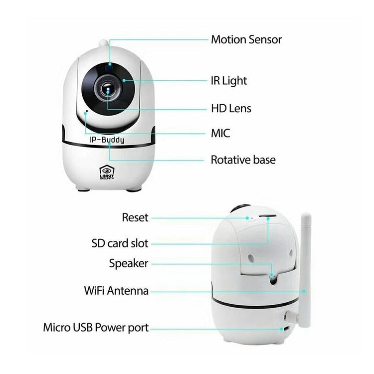 IP-Buddy 90869 Caméra IP avec Suivi de Mouvement, Wi-Fi, Carte SD, Infrarouge, 2 MP, 1080P, Stockage en Ligne, Rotation 355 Degrée, pour l'intérieur, Blanc - Simple Boutique