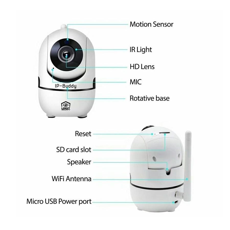 IP-Buddy 90869 Caméra IP avec Suivi de Mouvement, Wi-Fi, Carte SD, Infrarouge, 2 MP, 1080P, Stockage en Ligne, Rotation 355 Degrée, pour l'intérieur, Blanc - Simple Boutique