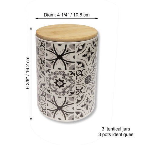 ITY International - Ensemble de 3  Pots de Rangement Hermétiques en Céramique avec Couvercle en Bambou, Grandeur Large, Blanc et Noir