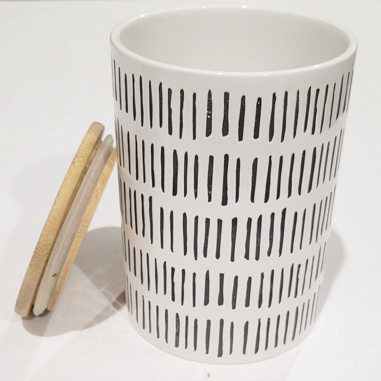 ITY International - Ensemble de 3 Pots de Rangement Hermétiques en Céramique avec Couvercle en Bambou, Grandeur Large, Blanc et Noir - Simple Boutique