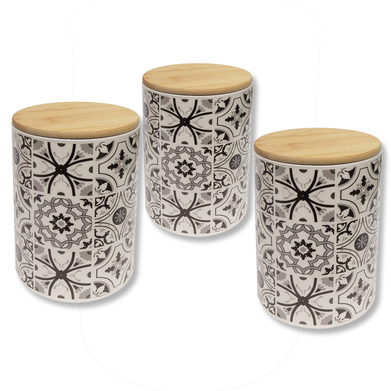 ITY International - Ensemble de 3 Pots de Rangement Hermétiques en Céramique avec Couvercle en Bambou, Grandeur Large, Blanc et Noir - Simple Boutique