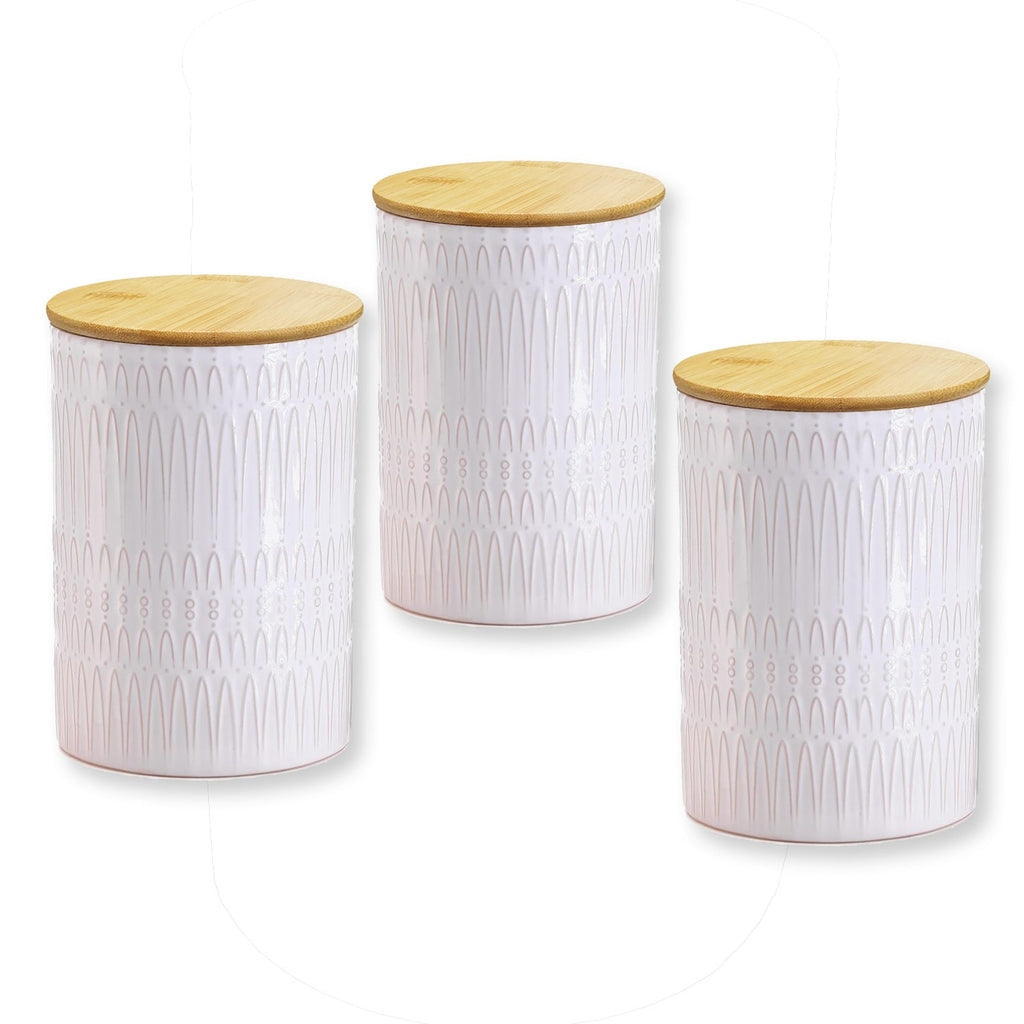 ITY International - Ensemble de 3  Pots de Rangement Hermétiques en Céramique avec Couvercle en Bambou, Grandeur Large, Blanc