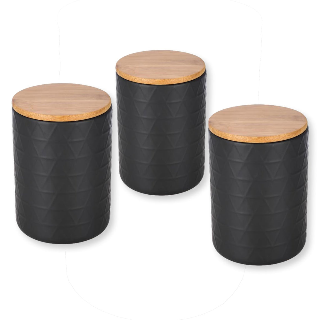 ITY International - Ensemble de 3  Pots de Rangement Hermétiques en Céramique avec Couvercle en Bambou, Grandeur Large, Noir