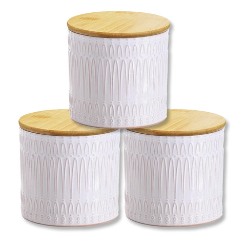 ITY International - Ensemble de 3  Pots de Rangement Hermétiques en Céramique avec Couvercle en Bambou, Grandeur Petit, Blanc