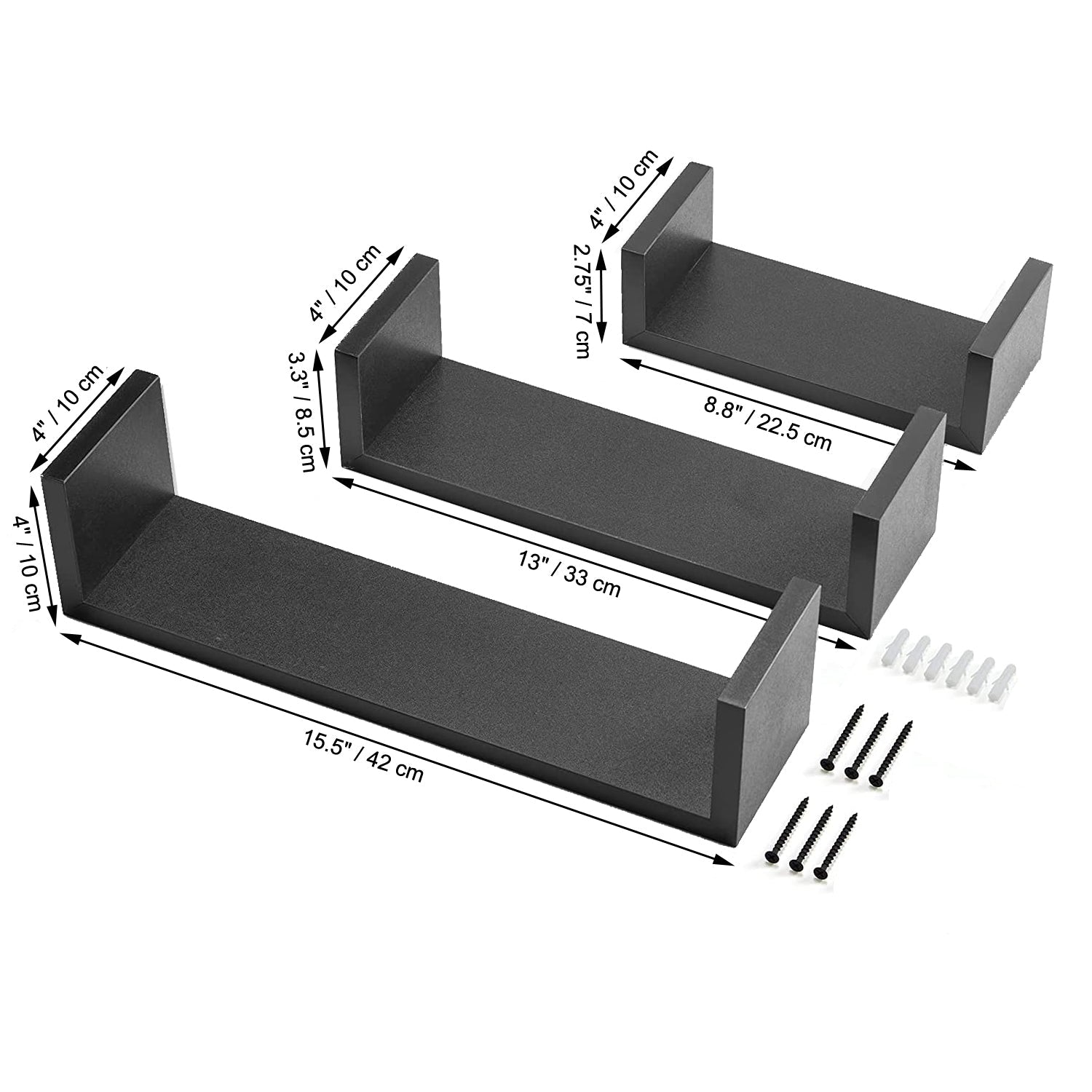 ITY International - Ensemble de 3 Tablettes Murales en Bois, Noir - Simple Boutique