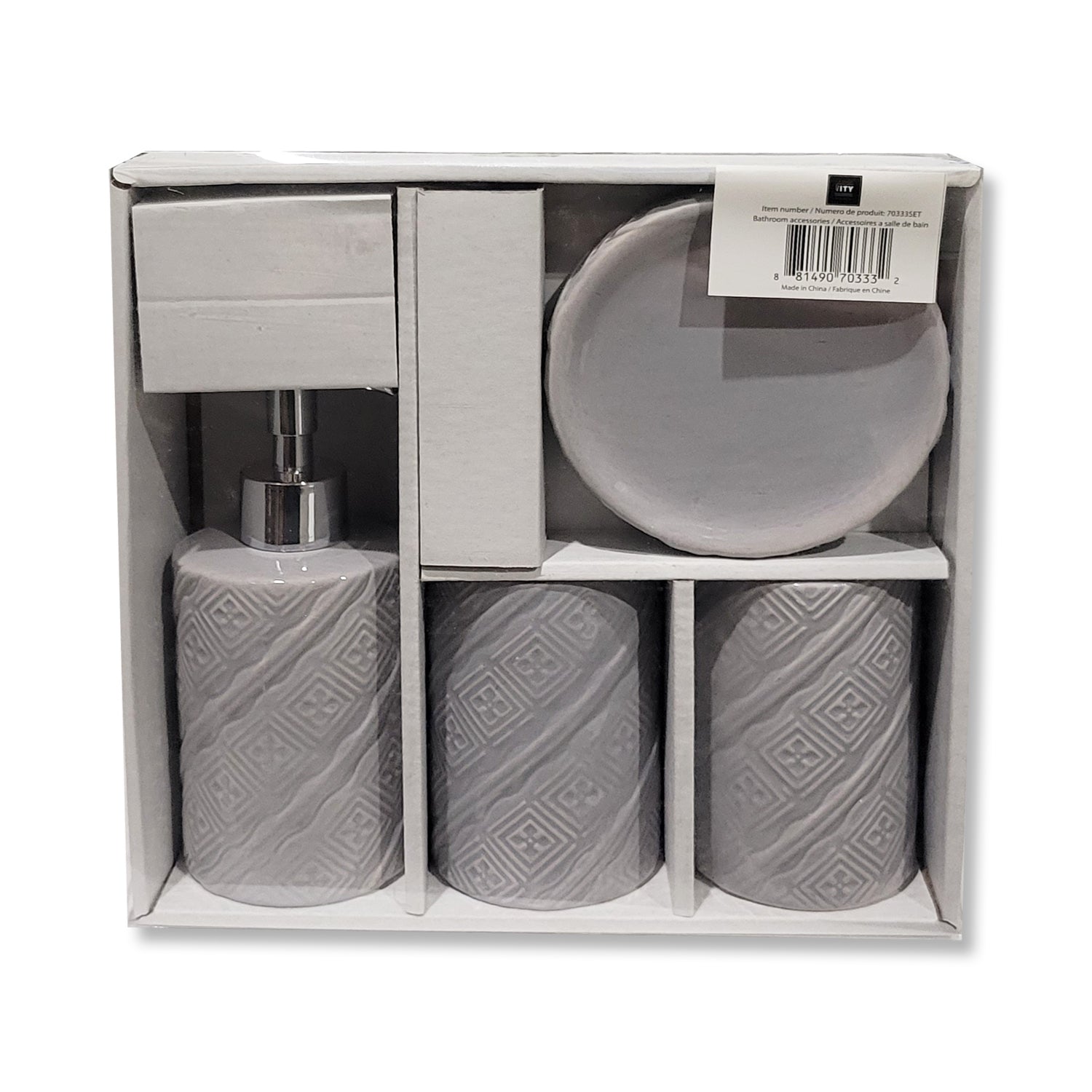 ITY International - Ensemble de 4 Morceaux d'accessoires pour Salle de Bain, Fabriqué en Céramique, Gris - Simple Boutique