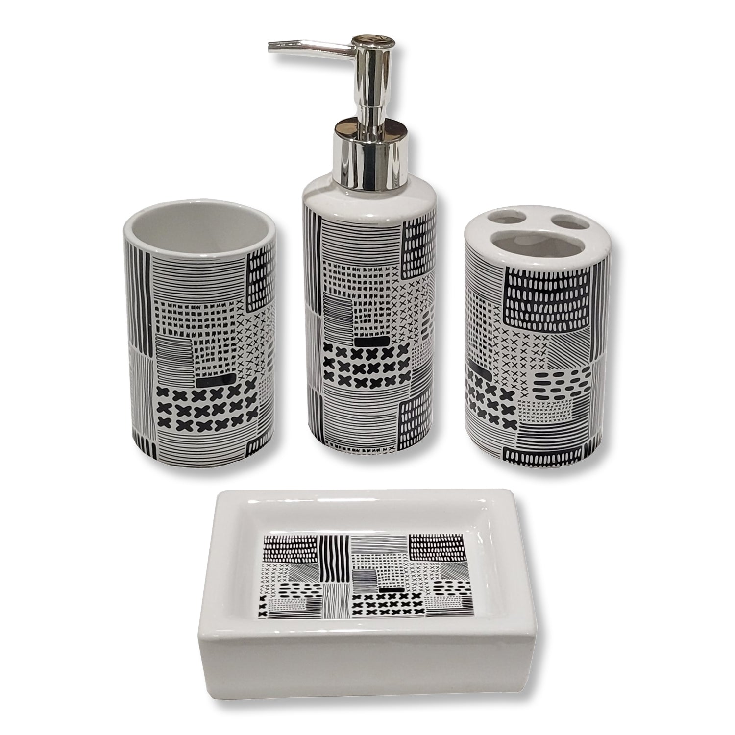 ITY International - Ensemble de 4 Morceaux d'accessoires pour Salle de Bain, Fabriqué en Céramique, Noir et Blanc - Simple Boutique