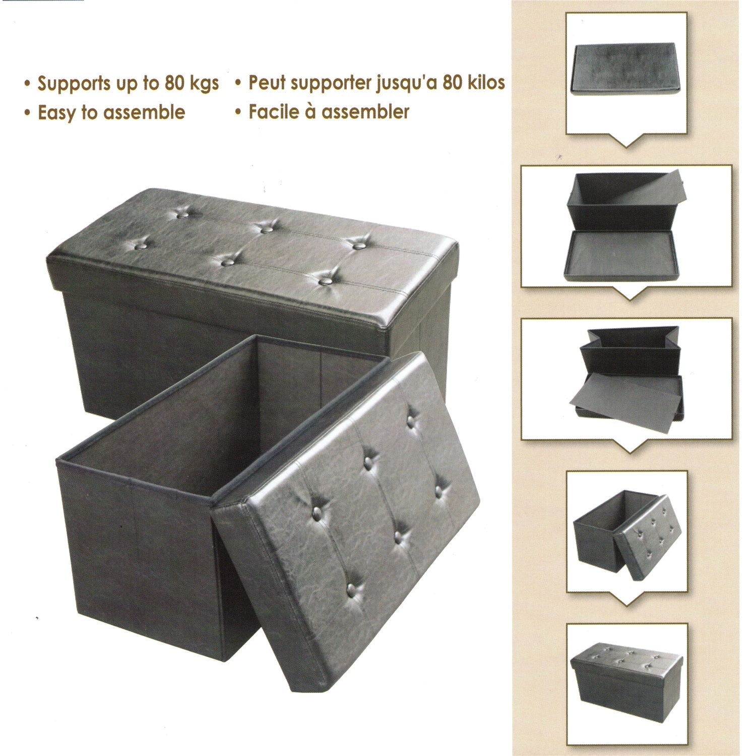 ITY International - Grand Ottomane/ Repose-Pied Pliable avec Rangement, 30" x 14.75" x 15.75, Brun Chocolat - Simple Boutique