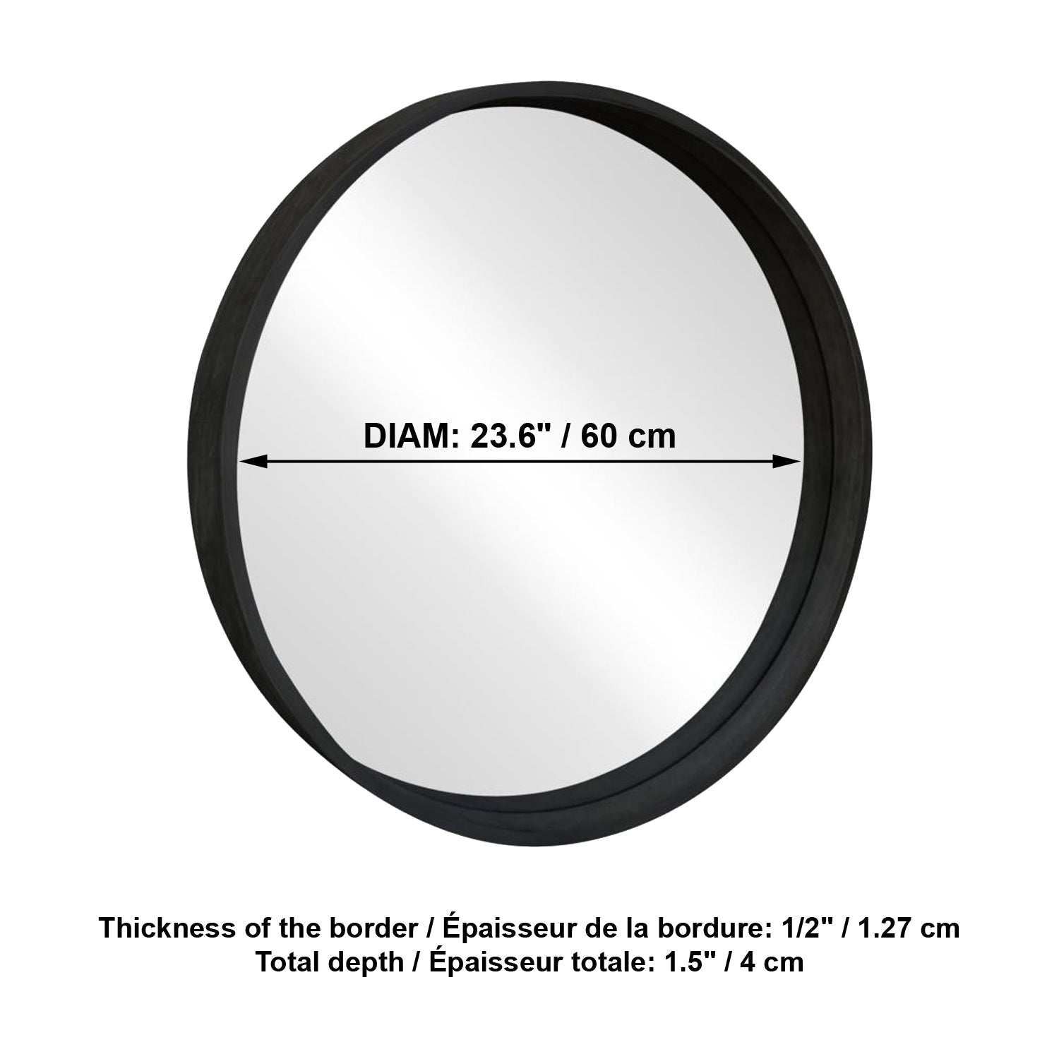 ITY International - Miroir Mural Rond, Diamètre de 23.6", Cadre Noir - Simple Boutique
