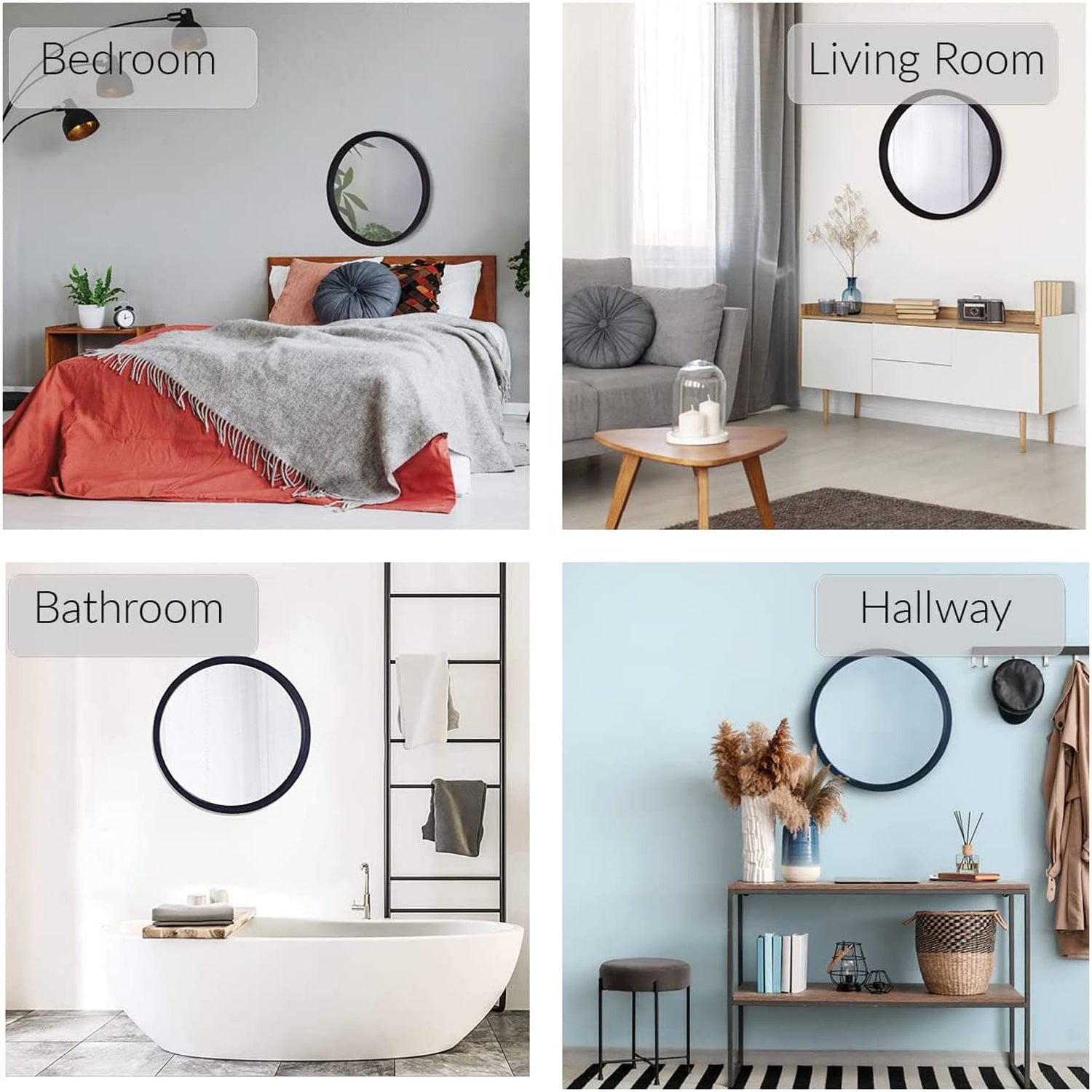 ITY International - Miroir Mural Rond, Diamètre de 23.6", Cadre Noir - Simple Boutique