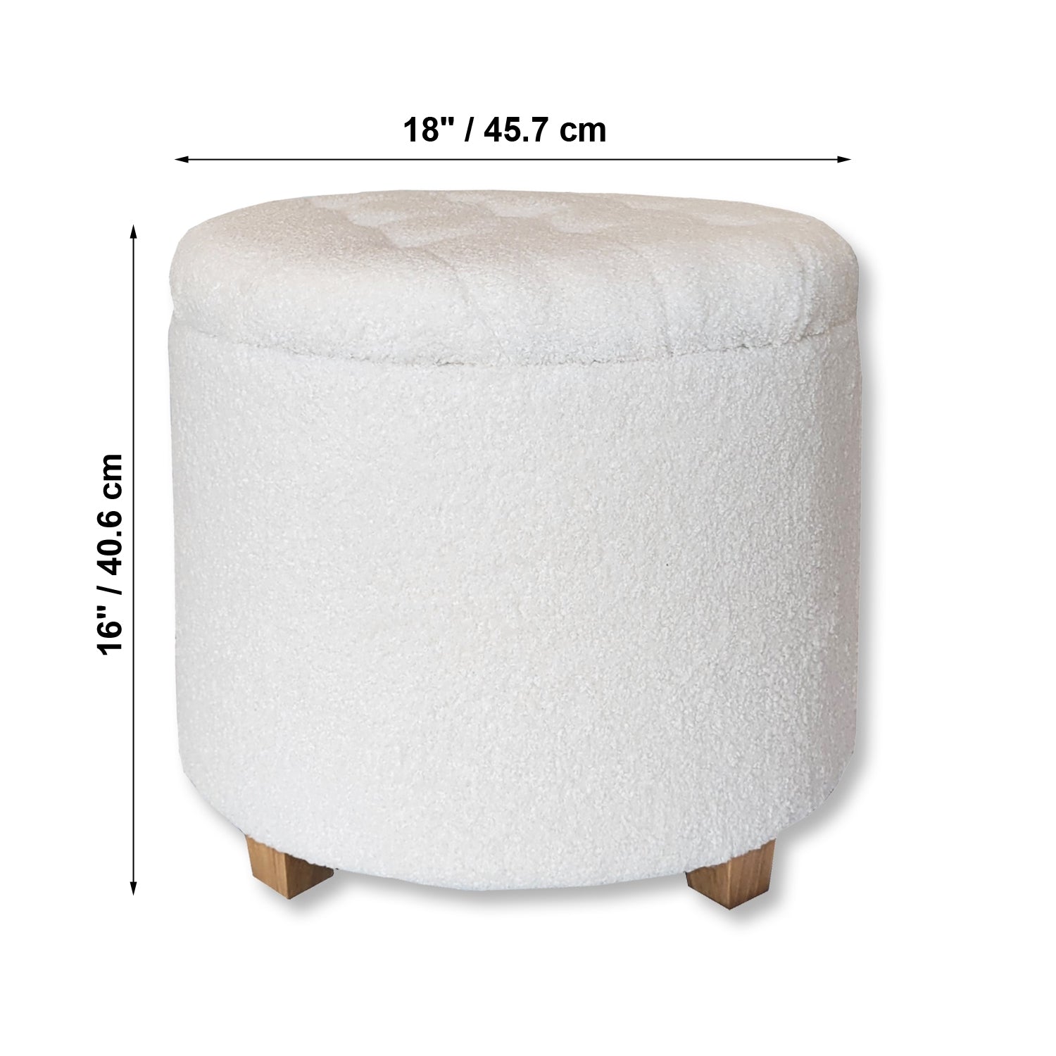 ITY International - Ottomane/ Repose-Pieds Rond avec Rangement, Tissus Pelucheux, 18" x 16", Blanc - Simple Boutique