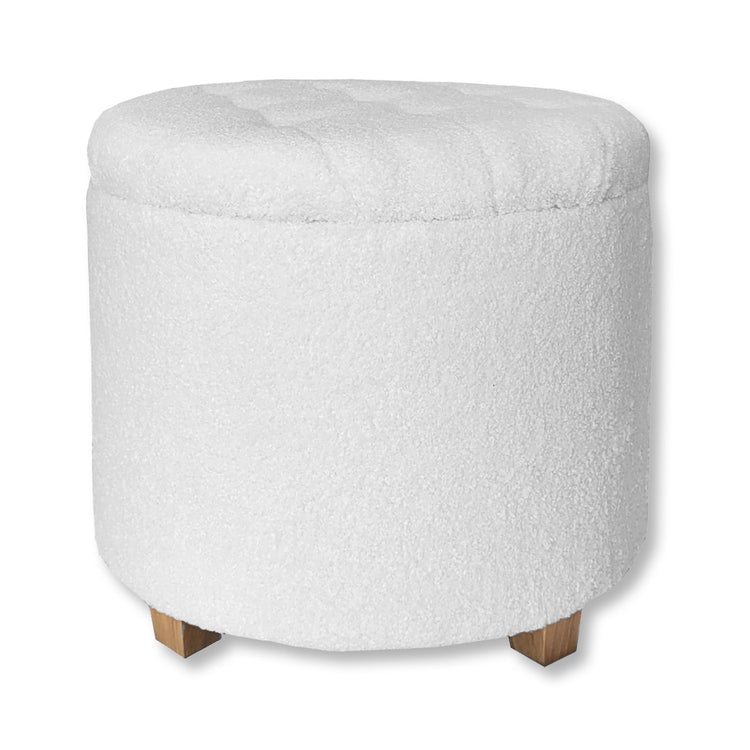 ITY International - Ottomane/ Repose-Pieds Rond avec Rangement, Tissus Pelucheux, 18" x 16", Blanc - Simple Boutique
