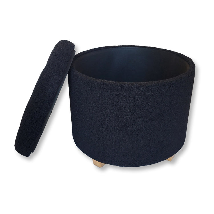 ITY International - Ottomane/ Repose-Pieds Rond avec Rangement, Tissus Pelucheux, 18" x 16", Noir - Simple Boutique