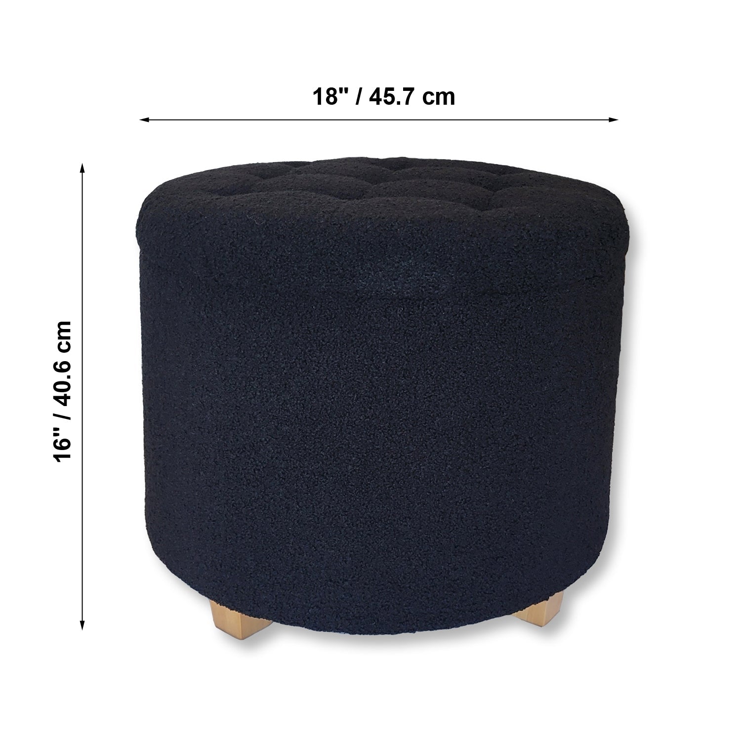 ITY International - Ottomane/ Repose-Pieds Rond avec Rangement, Tissus Pelucheux, 18" x 16", Noir - Simple Boutique