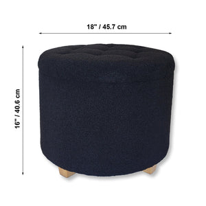 ITY International - Ottomane/ Repose-Pieds Rond avec Rangement, Tissus Pelucheux, 18" x 16", Noir - Simple Boutique