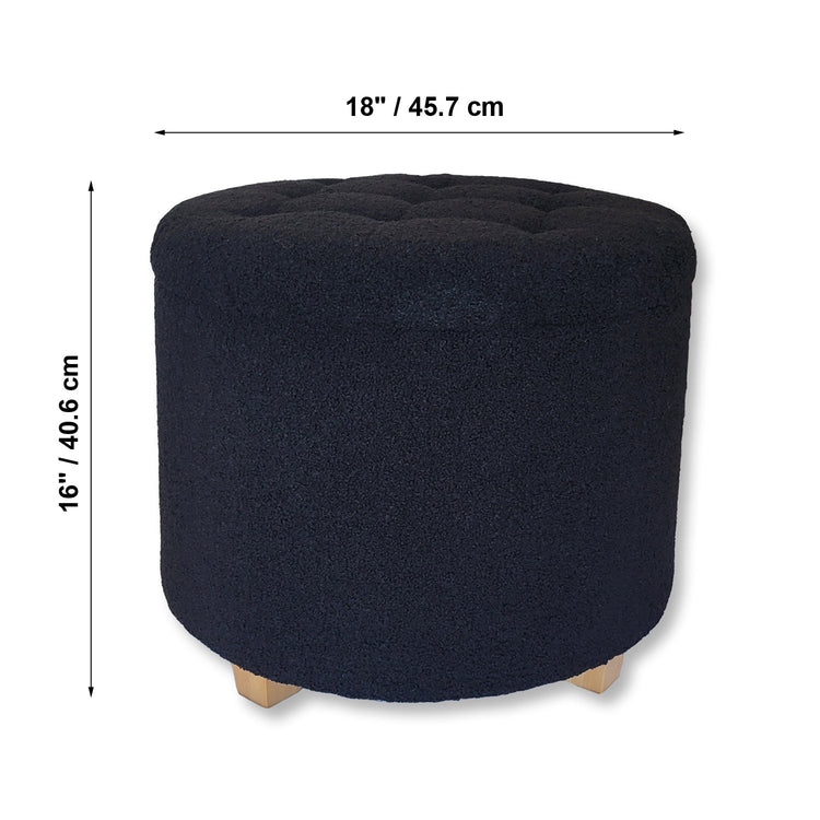 ITY International - Ottomane/ Repose-Pieds Rond avec Rangement, Tissus Pelucheux, 18" x 16", Noir - Simple Boutique