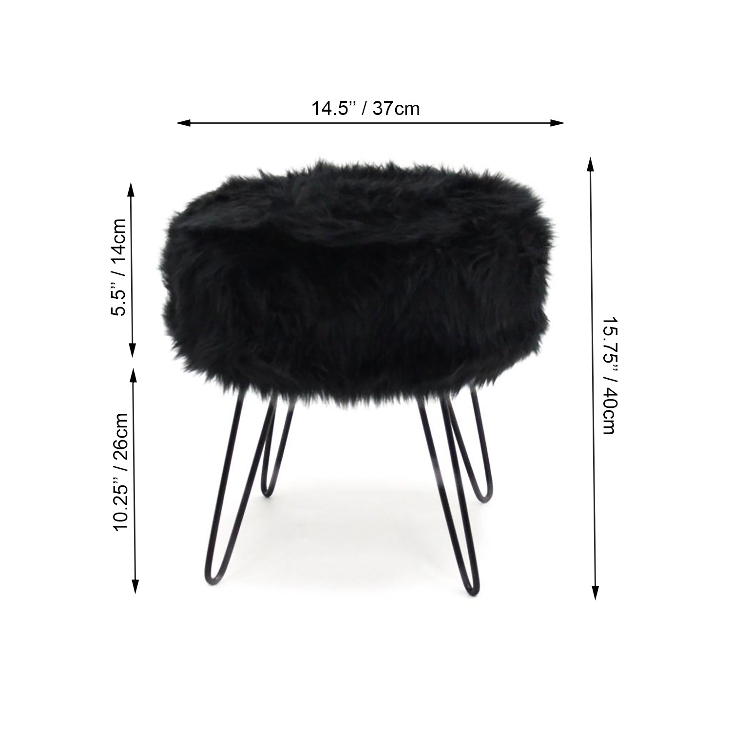 ITY International - Pouf Duveteux avec Base en Métal, 14.5'' x 15.7'', Noir - Simple Boutique