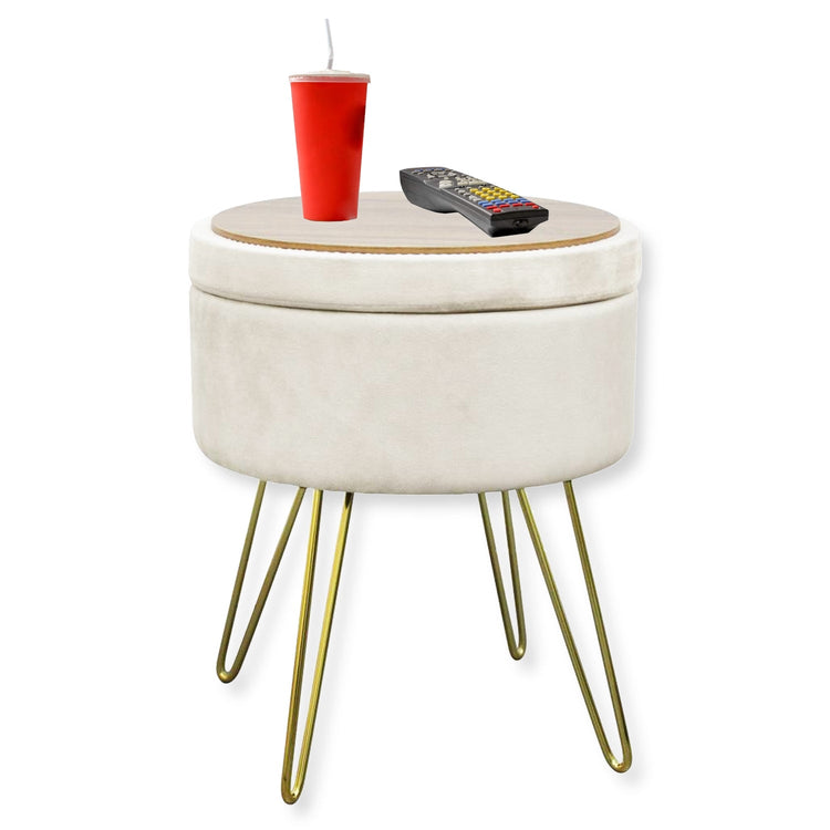 ITY International - Pouf / Repose-Pied en Velour avec Rangement et Plateau, Base en Métal, Blanc - Simple Boutique