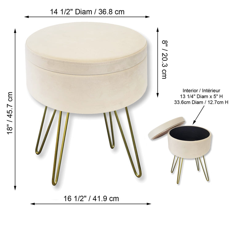 ITY International - Pouf / Repose-Pied en Velour avec Rangement et Plateau, Base en Métal, Blanc - Simple Boutique
