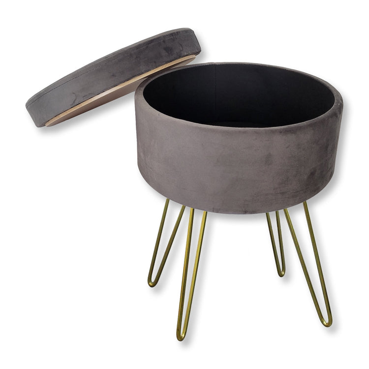 ITY International - Pouf / Repose-Pied en Velour avec Rangement et Plateau, Base en Métal, Gris - Simple Boutique