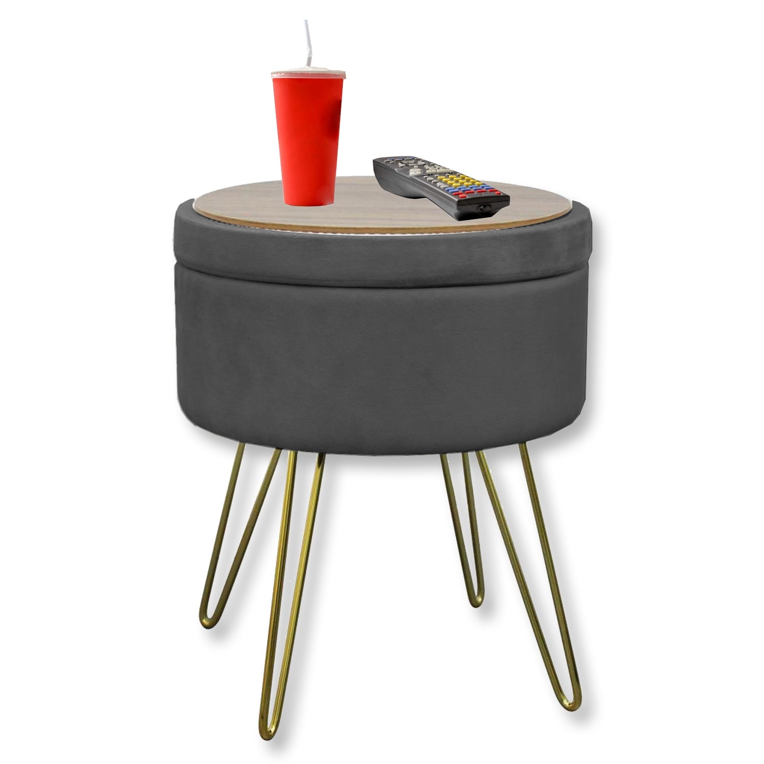 ITY International - Pouf / Repose-Pied en Velour avec Rangement et Plateau, Base en Métal, Gris - Simple Boutique