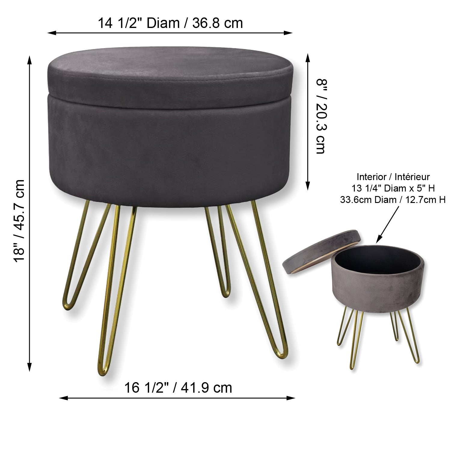 ITY International - Pouf / Repose-Pied en Velour avec Rangement et Plateau, Base en Métal, Gris - Simple Boutique