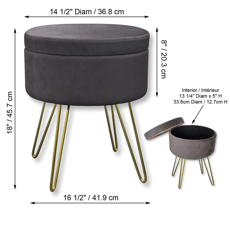 ITY International - Pouf / Repose-Pied en Velour avec Rangement et Plateau, Base en Métal, Gris - Simple Boutique
