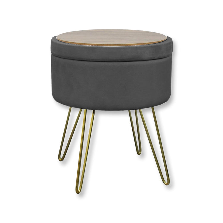 ITY International - Pouf / Repose-Pied en Velour avec Rangement et Plateau, Base en Métal, Gris - Simple Boutique