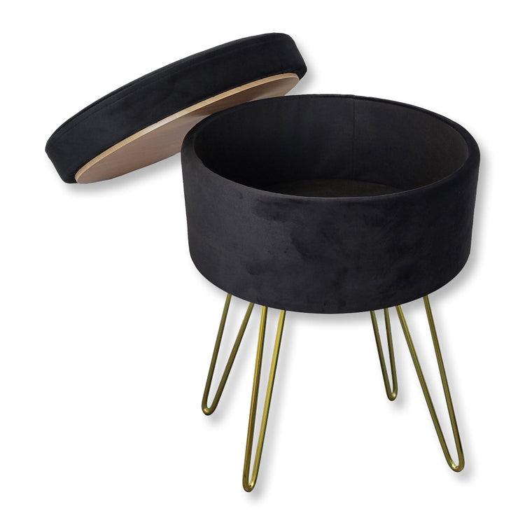 ITY International - Pouf / Repose-Pied en Velour avec Rangement et Plateau, Base en Métal, Noir - Simple Boutique