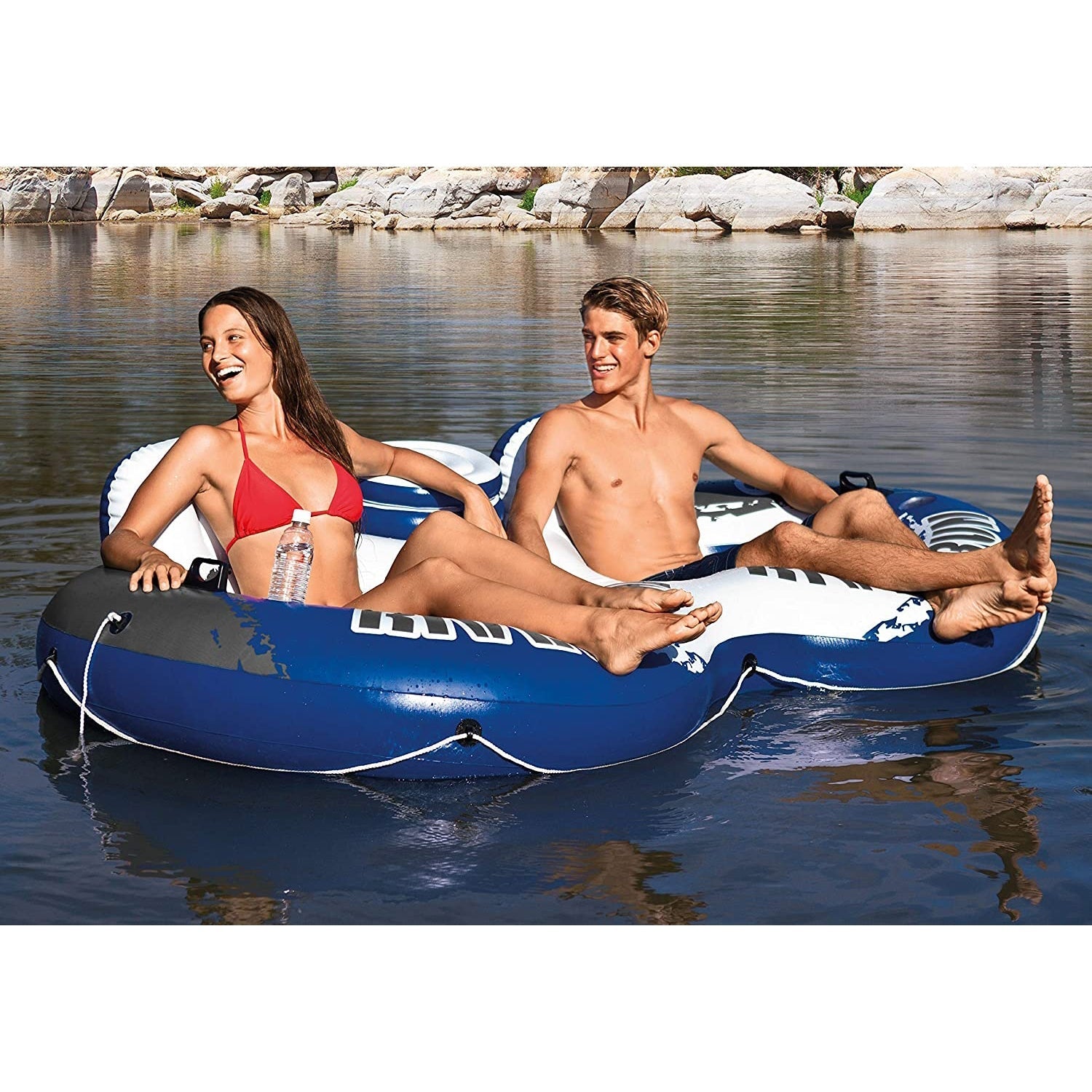 Intex - Fauteuil Double Gonflable River Run Pour Piscine, 95.5'' x 62'', Avec Glacière Intégrée, Bleu et Blanc - Simple Boutique