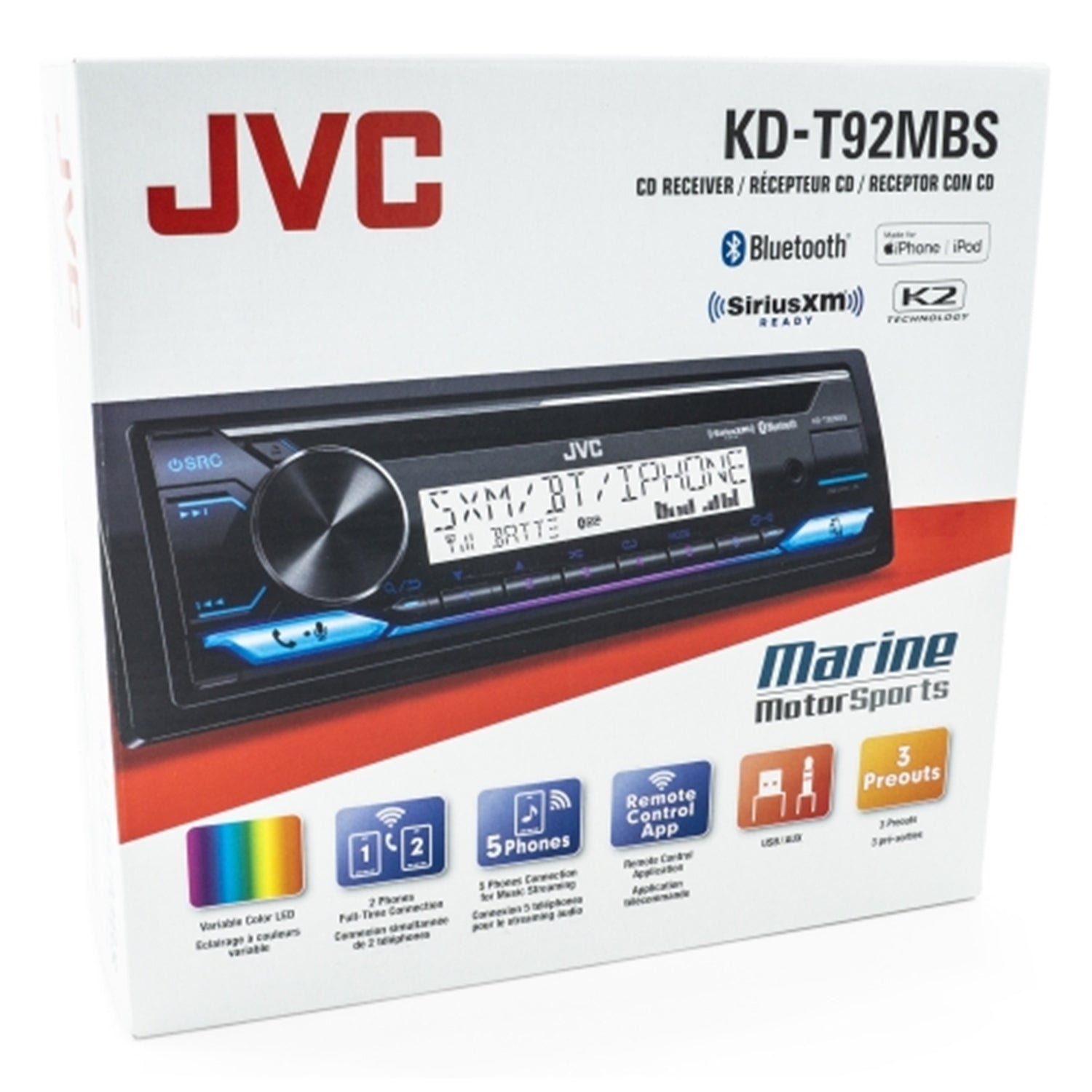 JVC KD-T92MBS - Récepteur CD avec Bluetooth 4.2, Marine/MotorSport, Noir - Simple Boutique